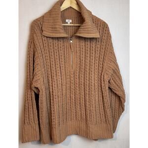 Aerie Cable Car Quarter 1/4 Zip Pullover Sweater Chunky Knit XL Brown